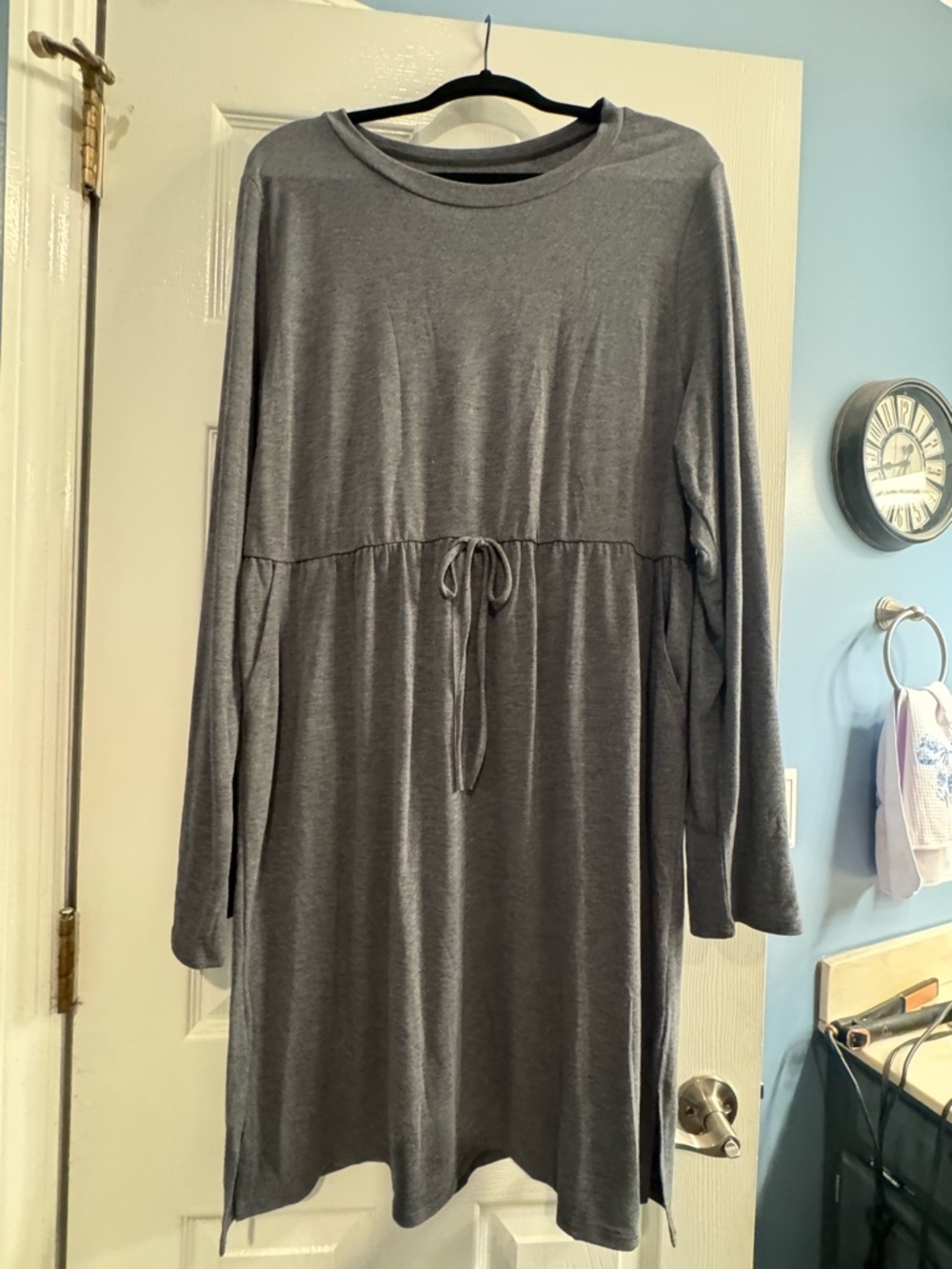Gray Long Sleeve Drawstring Waist Women's Dress